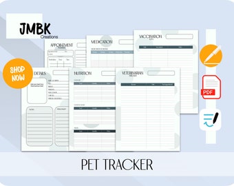 Seguimiento/planificador esencial del cuidado de mascotas: visitas veterinarias, medicamentos, dieta y vacunación. Compatible con Pages / GoodNotes, PDF / Descarga instantánea