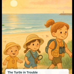 Puede incluir: Una ilustración digital de tres niños caminando por una playa al amanecer. El texto dice: The Turtle in Trouble. Pumpkin, Pickles, and Peanut arrive at Seaglass Beach for a bright morning of exploring. Llevan sombreros y equipo de exploración.