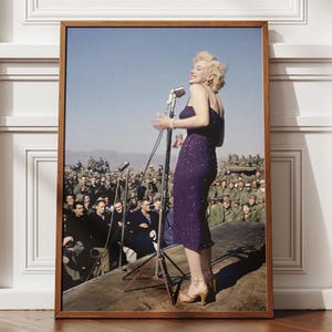 Puede incluir: Una impresión enmarcada con una fotografía en color de una mujer con un vestido morado cantando a un micrófono en un escenario. El escenario está frente a una multitud de personas uniformadas. La impresión está en un marco de madera marrón.