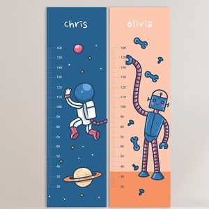Può includere: Due grafici di altezza blu e arancioni con illustrazioni di un astronauta e un robot. Il grafico a sinistra è etichettato "chris" e il grafico a destra è etichettato "olivia".