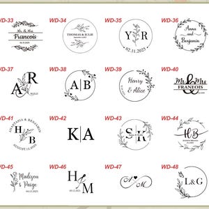 May include: A collection of wedding-themed designs, featuring various circular and rectangular layouts. Each design includes text, such as names and dates, and decorative elements like floral wreaths and initials. The designs are in black and white.