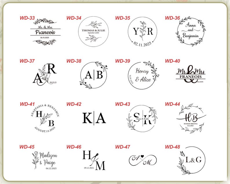 May include: A collection of wedding-themed designs, featuring various circular and rectangular layouts. Each design includes text, such as names and dates, and decorative elements like floral wreaths and initials. The designs are in black and white.