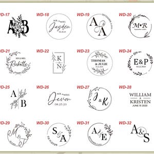 May include: A collection of wedding-themed designs, featuring initials, names, and dates. The designs are in a variety of circular and rectangular shapes, with floral and botanical elements. The text includes names like Jayden, Devon, and Thomas & Julie.