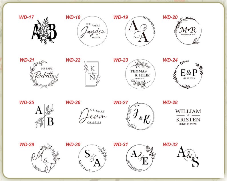 May include: A collection of wedding-themed designs, featuring initials, names, and dates. The designs are in a variety of circular and rectangular shapes, with floral and botanical elements. The text includes names like Jayden, Devon, and Thomas & Julie.