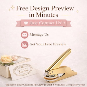 May include: A gold-colored seal press with a decorative design, next to a box with a card that reads "From the Library of Joanne." The image includes text that says "Free Design Preview in Minutes" and "Just Contact Us!"
