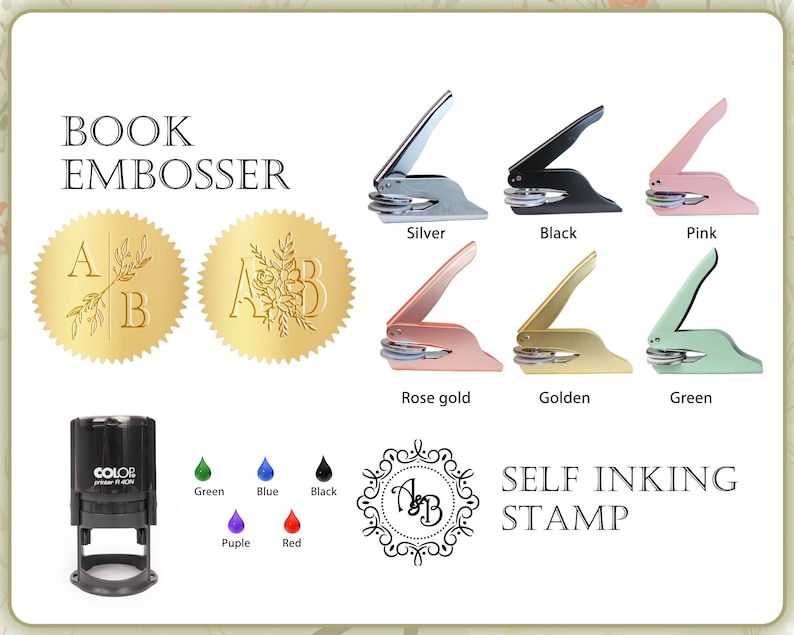 May include: Image featuring book embossers and self-inking stamps. The embossers come in silver, black, pink, rose gold, golden, and green. The image also shows a black self-inking stamp and color options for ink.