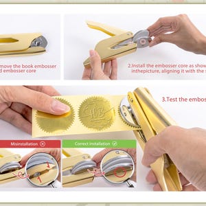 May include: A gold-colored book embosser with instructions for use. The image shows the steps: removing the core, installing the core, and testing the embosser. Includes close-up views of correct and incorrect installation. The embosser is shown with gold foil seals.