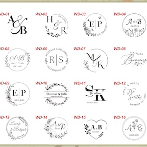 May include: A collection of sixteen wedding stamp designs, each featuring initials, names, and dates. The designs are circular, with floral and botanical elements. The stamps are in black ink on a white background.