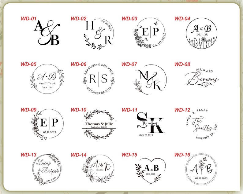 May include: A collection of sixteen wedding stamp designs, each featuring initials, names, and dates. The designs are circular, with floral and botanical elements. The stamps are in black ink on a white background.