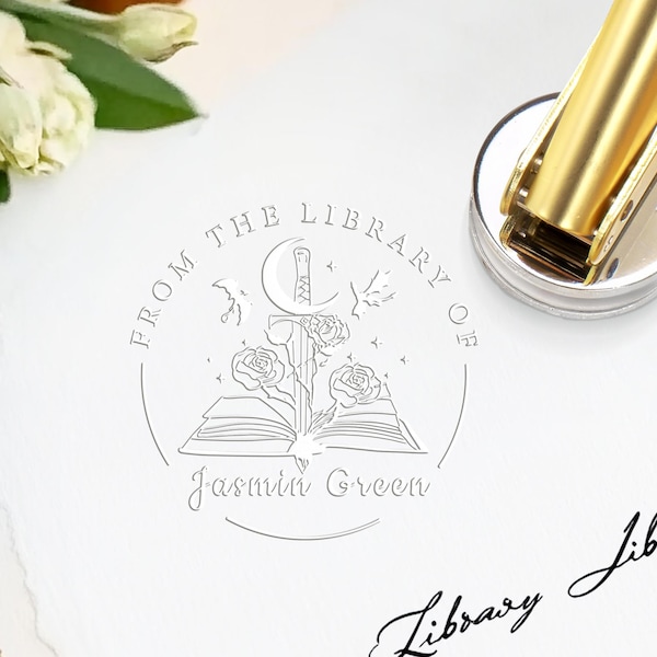 Gepersonaliseerde boekstempel/uit de bibliotheek van/Boekembosser/aangepaste bibliotheekboekstempel/cadeaus boekenliefhebber