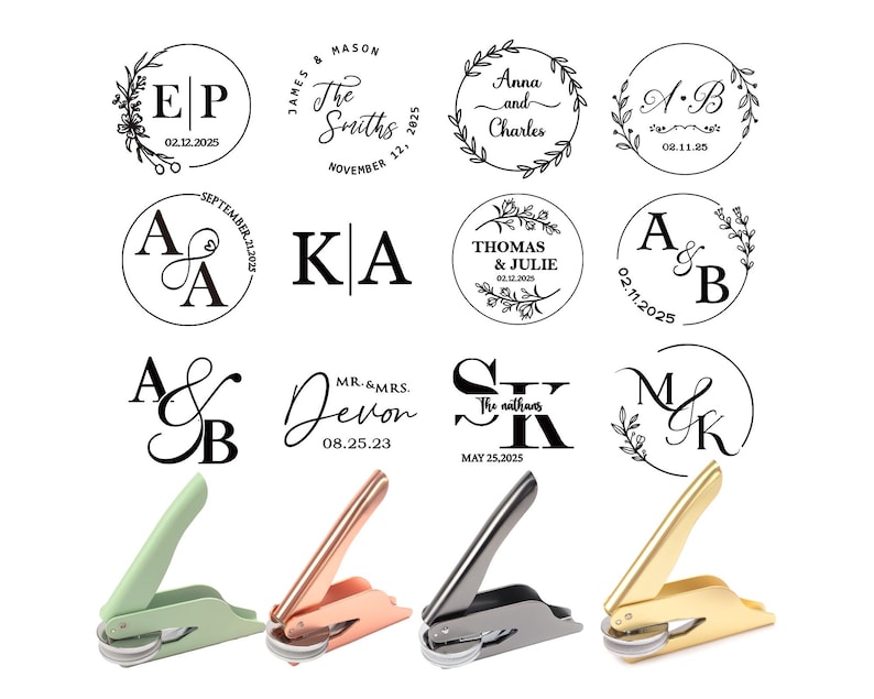 May include: A collection of custom wedding seals with various initials and dates, alongside four different colored seal presses: green, rose gold, silver, and gold. The seals feature floral and circular designs.