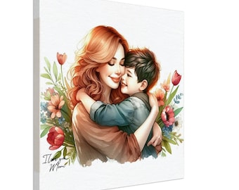Toile 20 x 20 décoration impression fête des mères, cadeau pour les mères, impression d'art maman et fils, portrait, art de la liaison mère-fils, art mural aquarelle