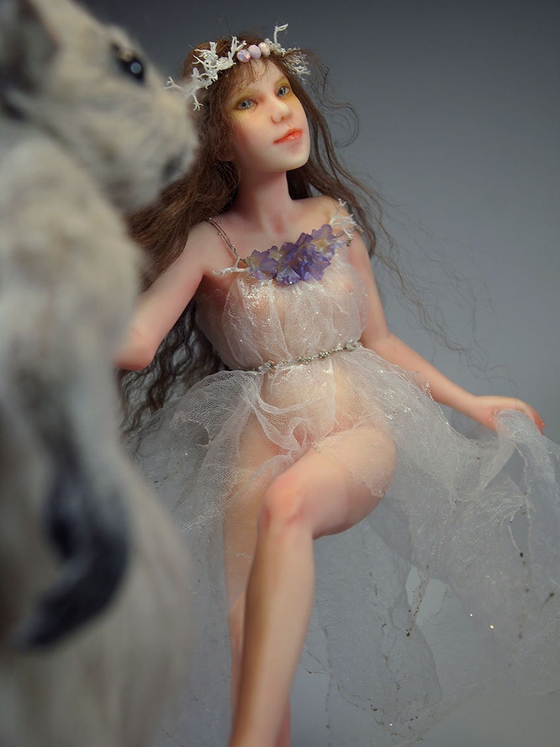 Fairy dancing with mouse Hand-sculpted OOAK Polymer Clay Art image 7