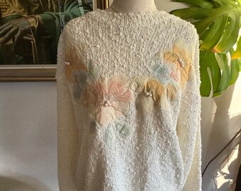 Vintage 1980s Knit Flower Motif Size M