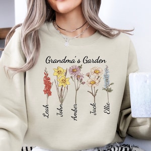 Grandma&#39;s Garden Sweatshirt and T-shirt, Custom Birth Flower & Grandkids Names, Personalized Gift
