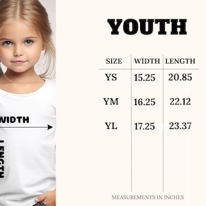 May include: Youth sizing chart for a t-shirt with measurements in inches. The chart shows the width and length of the shirt in inches for sizes YS, YM, and YL.
