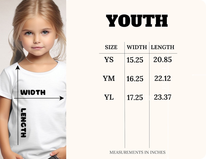 May include: Youth sizing chart for a t-shirt with measurements in inches. The chart shows the width and length of the shirt in inches for sizes YS, YM, and YL.