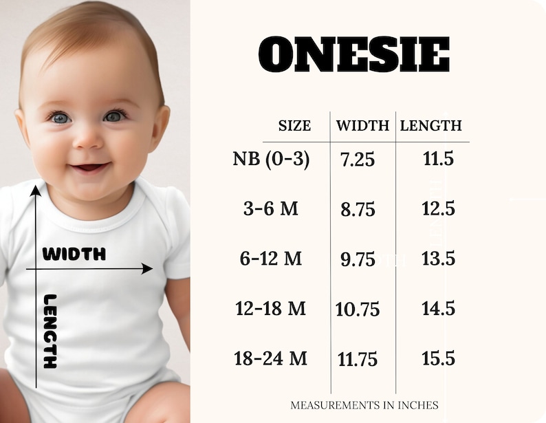 May include: A size chart for onesies with measurements in inches. The chart shows the size, width, and length of onesies for newborns to 18-24 months.