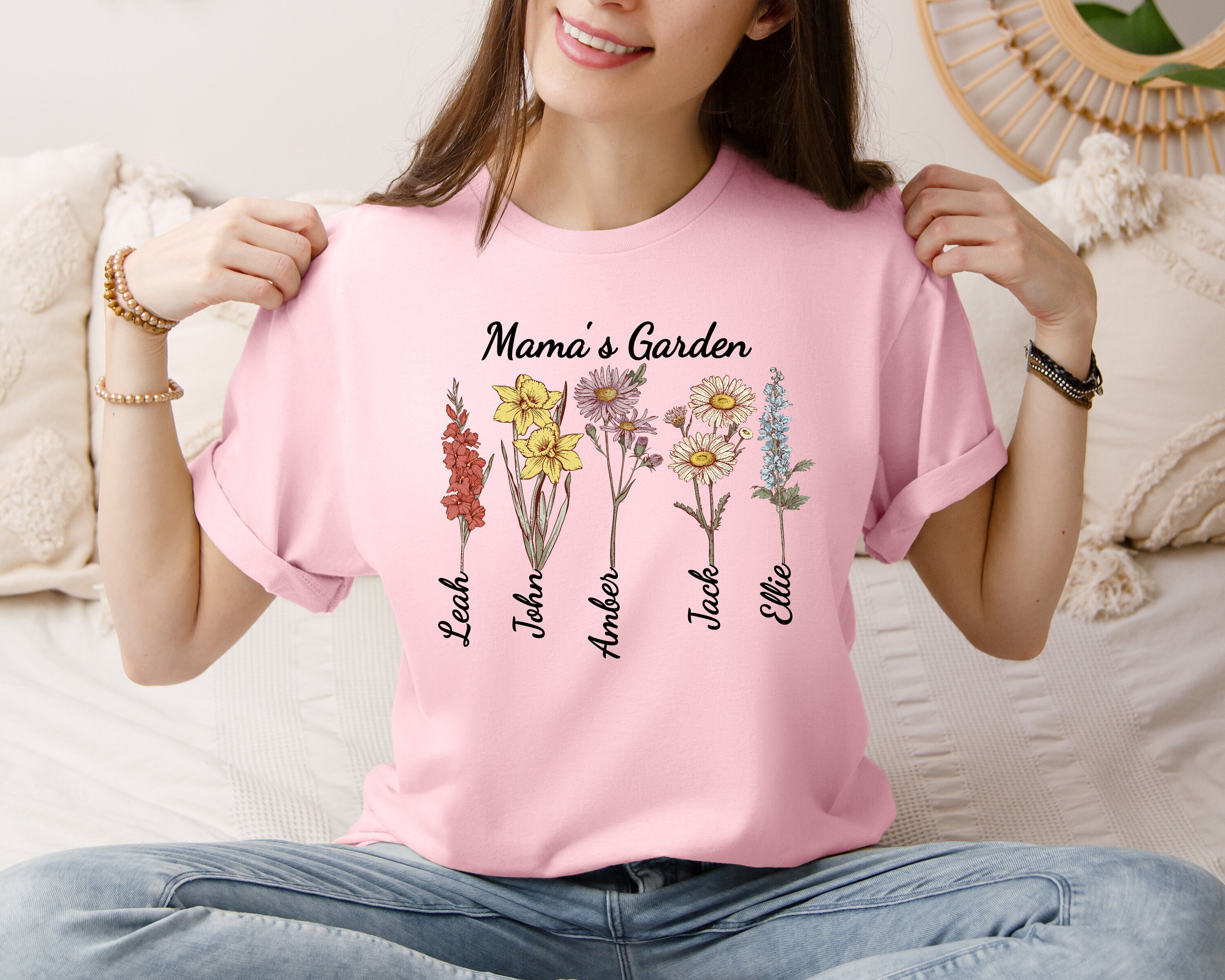 Mama's Garden with Custom Birth Flowers and Names Shirt, Custom Kids shirt- Mothers Day Gift, Personalized Birthday Gift - Grandkids tee