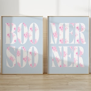 May include: Two framed prints with a light blue background and white text that reads "BOO SOONER" and "MER NER". The text is overlaid with a pink floral pattern.