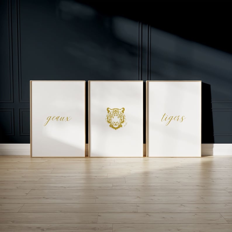 Louisiana State University Wall Art.   Instant download and print. Set of 6 minimalist LSU themed, gold designs. Perfect for college dorm or apartment decor, office, bedroom.  Can be printed in various size, style as a group or individually,
