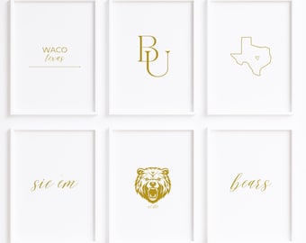 Bears Wall Art Gold Minimalist Design/College Dorm Decor/Set of 6/Sic Em/Waco/Texas/Preppy/Digital Download