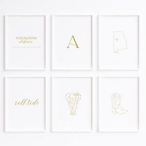 University of Alabama Wall Art Gold Minimalist Design/College Dorm Decor/Set of 6/Roll Tide/Tuscaloosa/University of Alabama