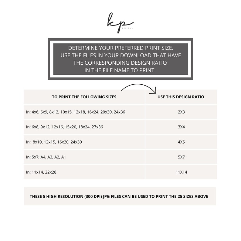 May include: A white and beige print size guide with text. The guide includes instructions on determining print size, design ratios, and available sizes in inches. The text reads "DETERMINE YOUR PREFERRED PRINT SIZE."
