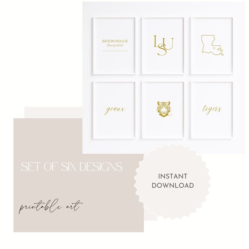 Louisiana State University Wall Art.   Instant download and print. Set of 6 minimalist LSU themed, gold designs. Perfect for college dorm or apartment decor, office, bedroom.  Can be printed in various size, style as a group or individually,