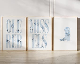 Mississippi Inspired Blue Floral Wall Art/Digital Download/College Decor/Love Shack Fancy/Coastal Cowgirl/Preppy/Set of 3