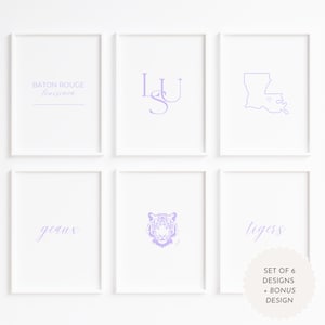 LSU Wall Art Light Purple Minimalist Design/College Dorm Decor/Set of 6 Plus Bonus/Geaux Tigers/Baton Rouge/Louisiana State University/Mike