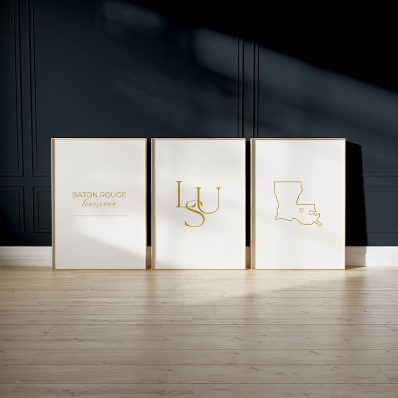 Louisiana State University Wall Art.   Instant download and print. Set of 6 minimalist LSU themed, gold designs. Perfect for college dorm or apartment decor, office, bedroom.  Can be printed in various size, style as a group or individually,