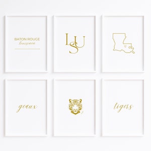 LSU Wall Art Gold Minimalist Design/College Dorm Decor/Set of 6/Geaux Tigers/Baton Rouge Station/Louisiana State University