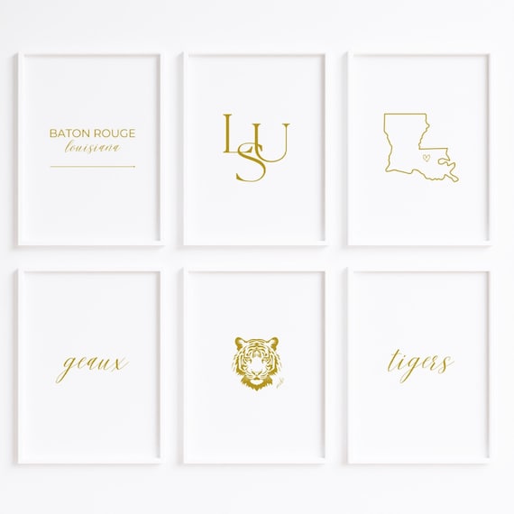 LSU Wall Art Gold Minimalist Design/College Dorm Decor/Set of 6/Geaux Tigers/Baton Rouge Station/Louisiana State University