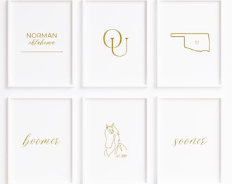 University of Oklahoma Wall Art Gold Minimalist Design/College Dorm Decor/Set of 6/Boomer Sooner/Norman/OU