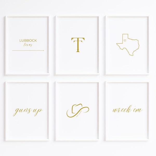 Texas Tech Wall Art Gold Minimalist Design/College Dorm Decor/Set of 6/Wreck Em/Guns Up/Lubbock/Red Raiders/Tech