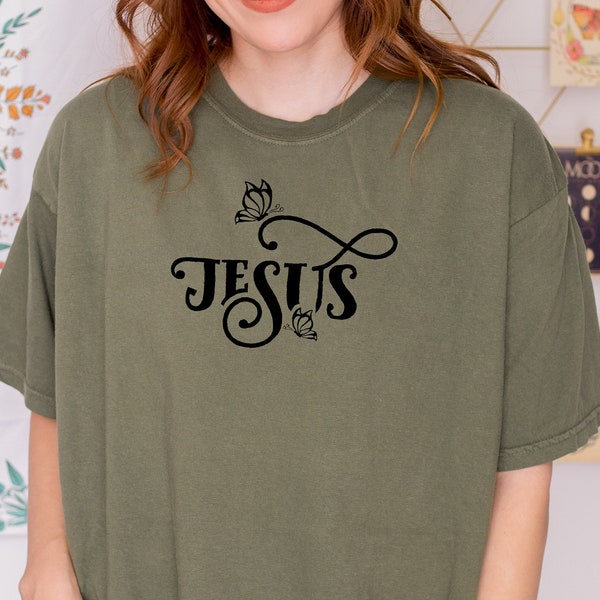 Jesus With Butterfly Sweatshirt, Faith Shirt, Bible Verse Shirt, Religious Quote Tee, Bible Verse Tee, Trendy Oversized Butterfly Graphic