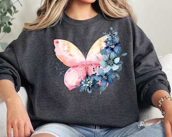 Floral Butterfly Sweatshirt, Vintage Butterfly Sweater, Cottagecore Aesthetic Top, Graphic Nature Lover Crewneck, Botanical Outfit