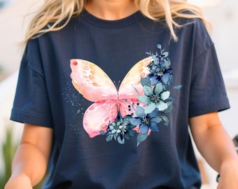 Floral Butterfly Shirt, Vintage Butterfly T Shirt, Cottagecore Aesthetic Top, Graphic Nature Lover Tee, Boho Clothing, Botanical Outfit