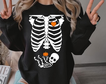 Skeleton Pregnant Sweatshirt, Skeleton Halloween Maternity Sweater, New Baby Girl, Pregnancy Announcement Sweater, Maternity Pregnancy Sweat