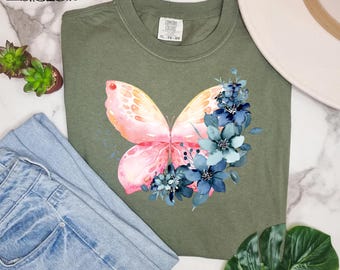 Floral Butterfly Shirt, Vintage Butterfly T Shirt, Cottagecore Aesthetic Top, Graphic Nature Lover Tee, Boho Clothing, Botanical Outfit