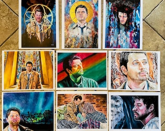 May include: A set of 10 prints featuring a man with dark hair and a brown leather jacket in various settings. The prints are all in a watercolor style and feature a variety of colors, including blue, green, red, and yellow.