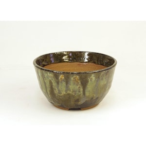 Hand Thrown Bonsai Pot, Stoneware, Greens, Browns, 4 1/2 x 2 3/8, White Horse Pottery