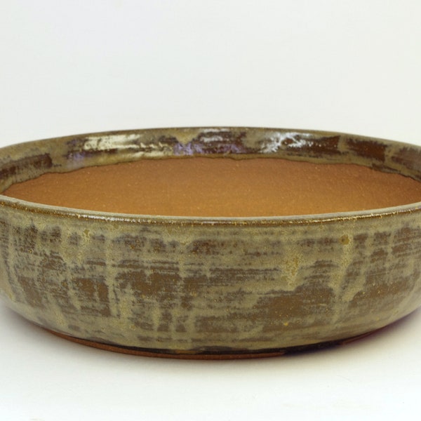 Hand Thrown Stoneware Bonsai Pot, Extra Wire Holes, Browns,Tans, 10 1/4 x 2 3/4, White Horse Pottery