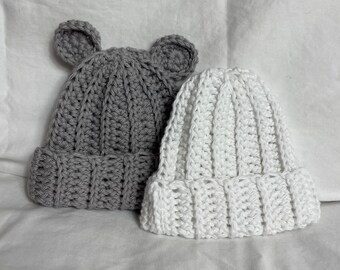 Gorro con Orejas de Ganchillo 100% Algodón para Recién Nacido - 3 Meses