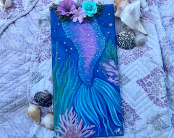 Vibrant Mermaid on wooden mini surfboard