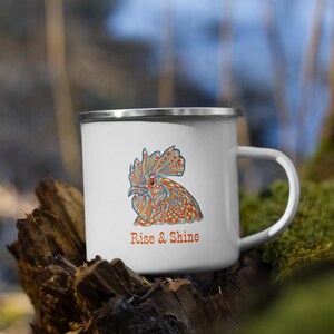 Rustic Enamel Mug with Geometric Chicken - &quot;Rise & Shine&quot; | Farmhouse Coffee Mug | Country Kitchen Decor | Unique Gift