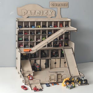 Personalized Wooden Toy Car Garage for Boys | 1:64 Scale Hot Wheels Storage Organizer | Montessori Gift for Kids Ages 3–8 & Room Decor