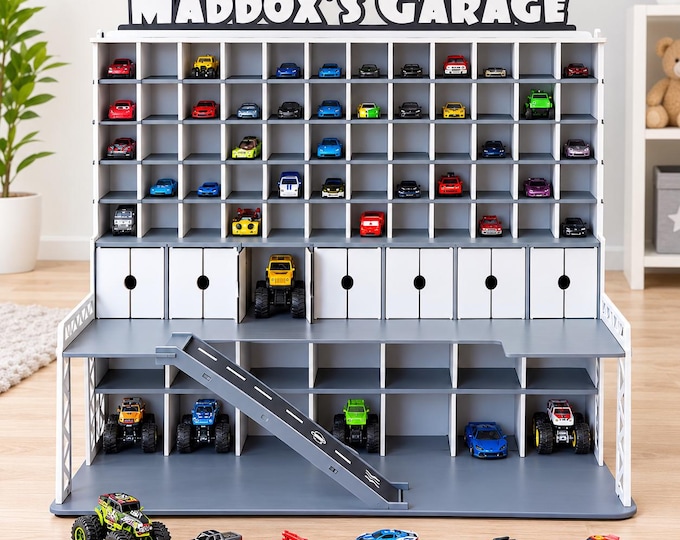 Toy Garage with Doors & Parking, Wooden Toy Car Parking Garage, Multi-Level Toy Car Organizer, Montessori inspired gift, Toddler Garage Ramp
