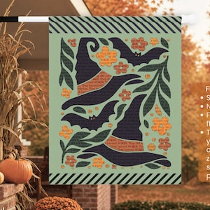 May include: A rectangular porch flag with a light green background featuring a dark pattern of witch hats, bats, and leaves. The design includes orange floral accents and text overlays. The flag measures 24.5 by 32 inches and has a slide-over sleeve.